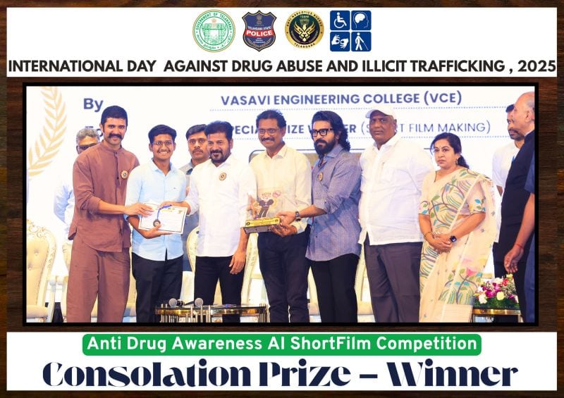 Dhadi Sai Praneeth Reddy receiving the Consolation Prize from Hon'ble Chief Minister of Telangana Shri Anumula Revanth Reddy at the Anti Drug Awareness AI Short Film Competition, International Day Against Drug Abuse 2025
