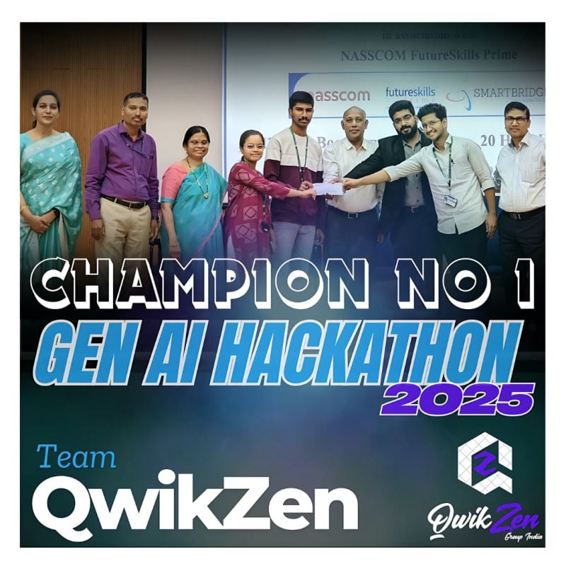 Team QwikZen, Dhadi Sai Praneeth Reddy with teammates and organisers, receiving the 1st place prize at Gen AI Hackathon 2025 at Vasavi College of Engineering